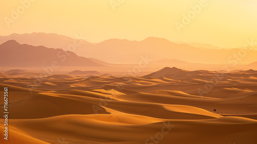 A vast desert landscape at sunset with rolling sand dunes and a lone camel silhouette in the distance.