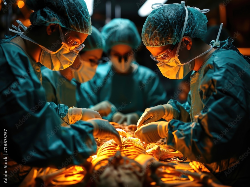 A team of skilled surgeons in scrubs perform a delicate medical procedure in a fully-equipped operating theater, surrounded by medical equipment and assisted by a group of medical assistants, while a