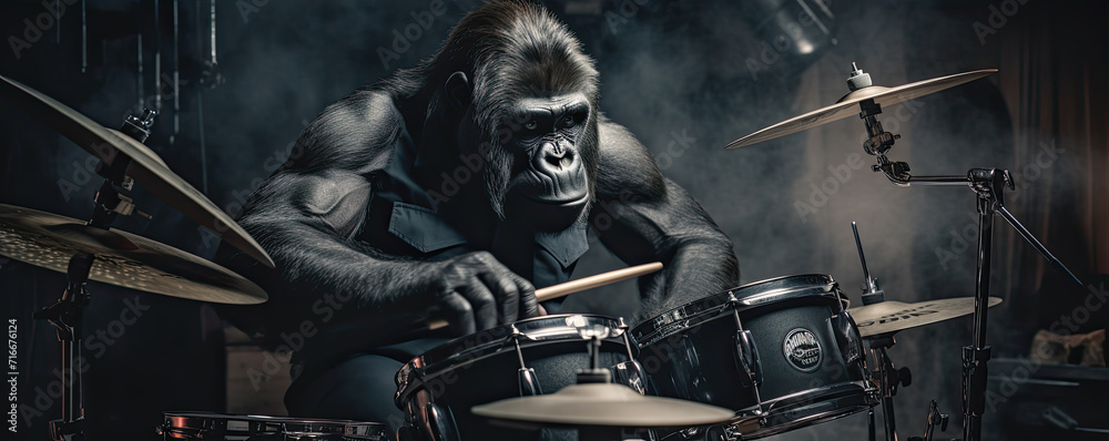 Gorilla playing at drumms in a Band. Funny Gorilla rock band. - obrazy, fototapety, plakaty 