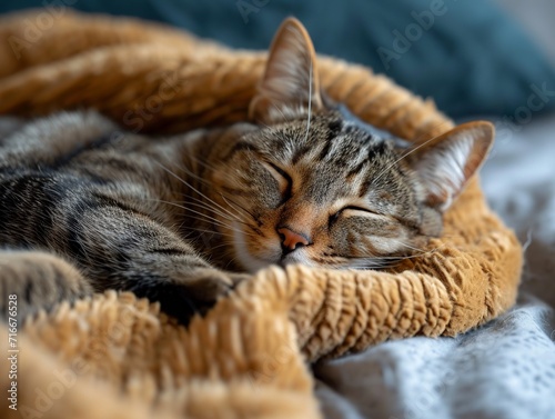 Cat sleeping on blankets.