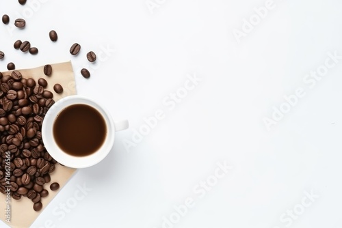 A mug of coffee, coffee beans in a bag on a white background. Place for inscription.