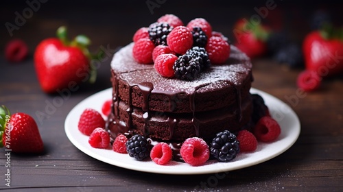 Chocolate cake with berries on a wooden background. AI.