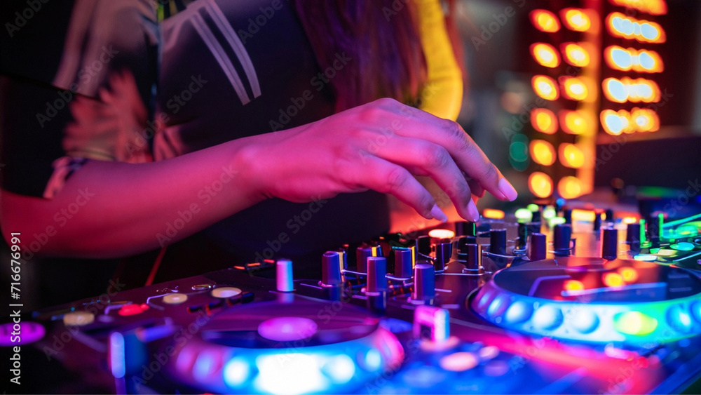 Close em mão feminina, manuseando os botões do controlador de dj, durante uma festa com muitas luzes coloridas. Close em mão feminina, manuseando os botões do controlador de dj, durante uma festa com muitas luzes coloridas.