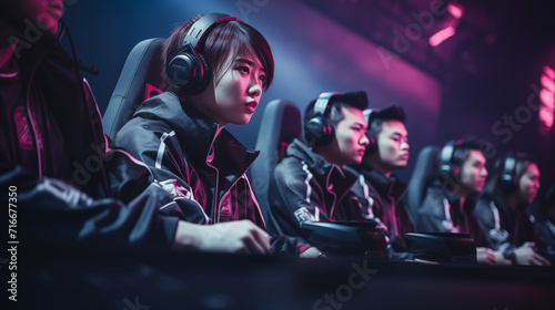 Esports team mixed with men and women. Professional gamers playing in a tournament