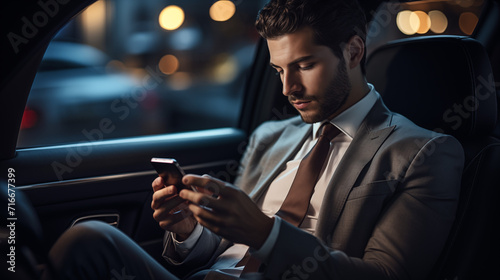 Business executive typing on his phone while riding in the backseat of a luxury car at night. © AI Studio - R