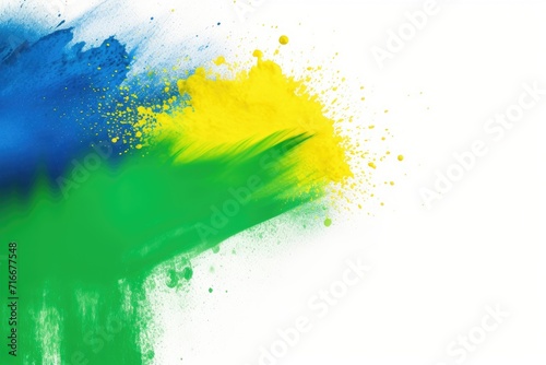 Color holi paint powder explosion on white background with copy space. Brazil carnival and celebration soccer fans concept. photo