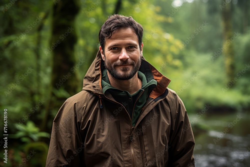 Portrait of a blissful man in his 40s wearing a lightweight packable anorak against a tranquil forest stream. AI Generation Portrait of a blissful man in his 40s wearing a lightweight packable anorak against a tranquil forest stream. AI Generation
