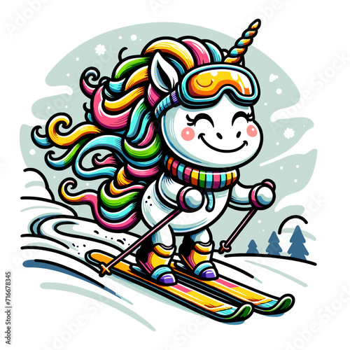 Whimsical Winter Joy: A Unicorn's Ski Adventure. Brighten your designs with this playful, colorful illustration.