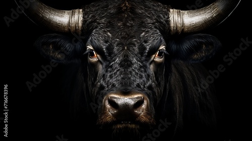 Powerful and commanding bull portrait with intense gaze isolated on a dramatic black background