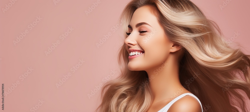 Naklejka premium Smiling woman with blonde hair, looking away, on pastel background with copy space