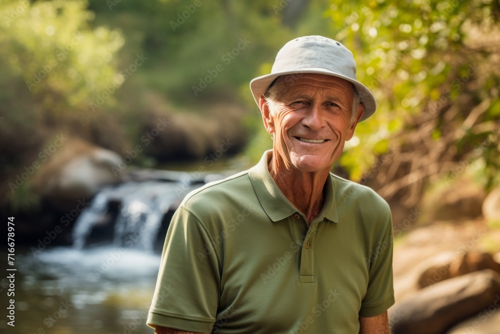 Portrait of a satisfied man in his 80s wearing a breathable golf polo against a tranquil forest stream. AI Generation Portrait of a satisfied man in his 80s wearing a breathable golf polo against a tranquil forest stream. AI Generation