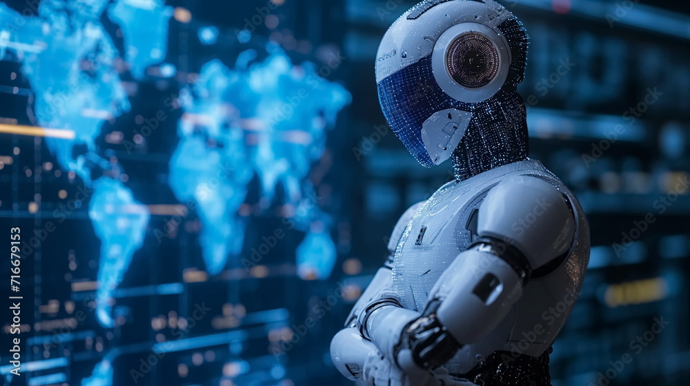 Fototapeta premium Robot arm crossed, Humanoid robot standing on blue world map icon background. Generated AI.