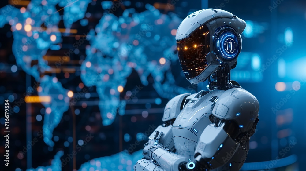 Robot arm crossed, Humanoid robot standing on blue world map icon background. Generated AI.
