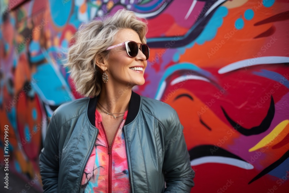 Portrait of a blissful woman in her 50s wearing a trendy bomber jacket against a vibrant graffiti wall. AI Generation