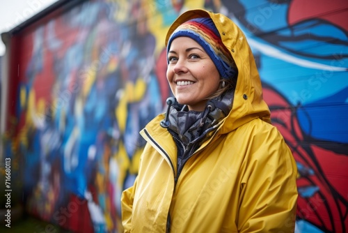 Portrait of a joyful woman in her 40s sporting a waterproof rain jacket against a vibrant graffiti wall. AI Generation