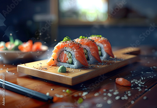 Sushi set on a wooden board, chopsticks on the side, in daylight