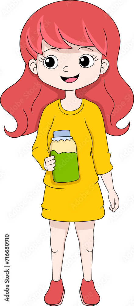 illustration of human activity image, red haired girl is carrying delicious avocado juice