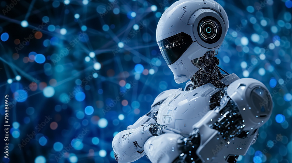 Fototapeta premium Robot arm crossed, Humanoid robot standing on blue futuristic background. Generated AI.