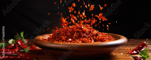Fresh red chili powder or flakes pepper in wooden bowl on table. Chilli spice cncept.