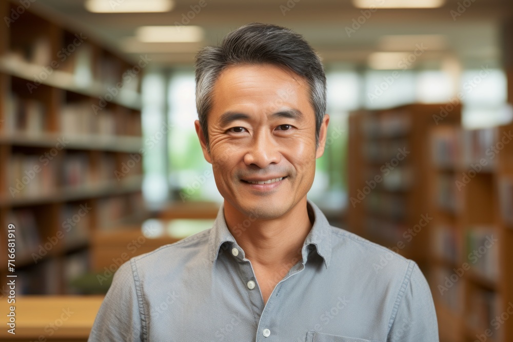 Portrait of a smiling asian man in his 50s dressed in a casual t-shirt against a classic library interior. AI Generation Portrait of a smiling asian man in his 50s dressed in a casual t-shirt against a classic library interior. AI Generation