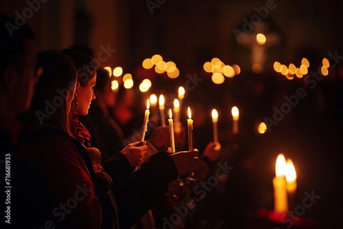 minimalist Lenten procession or church service, with worshippers holding lit candles and religious symbols, illustrating the collective observance of this sacred period in a minima