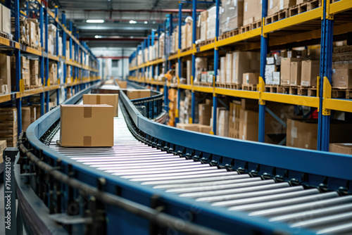 Boxes on conveyor rollers ready to be shipped by courier for distribution AI Generation