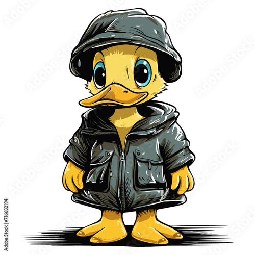 Cute duck wearing a raincoat rain