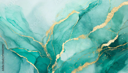 Pastel cyan mint liquid marble watercolor background with delicate gold lines and brush stains