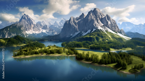 A serene mountain lake surrounded by lush tree,, The beautiful wallpaper of nature  © Amjid