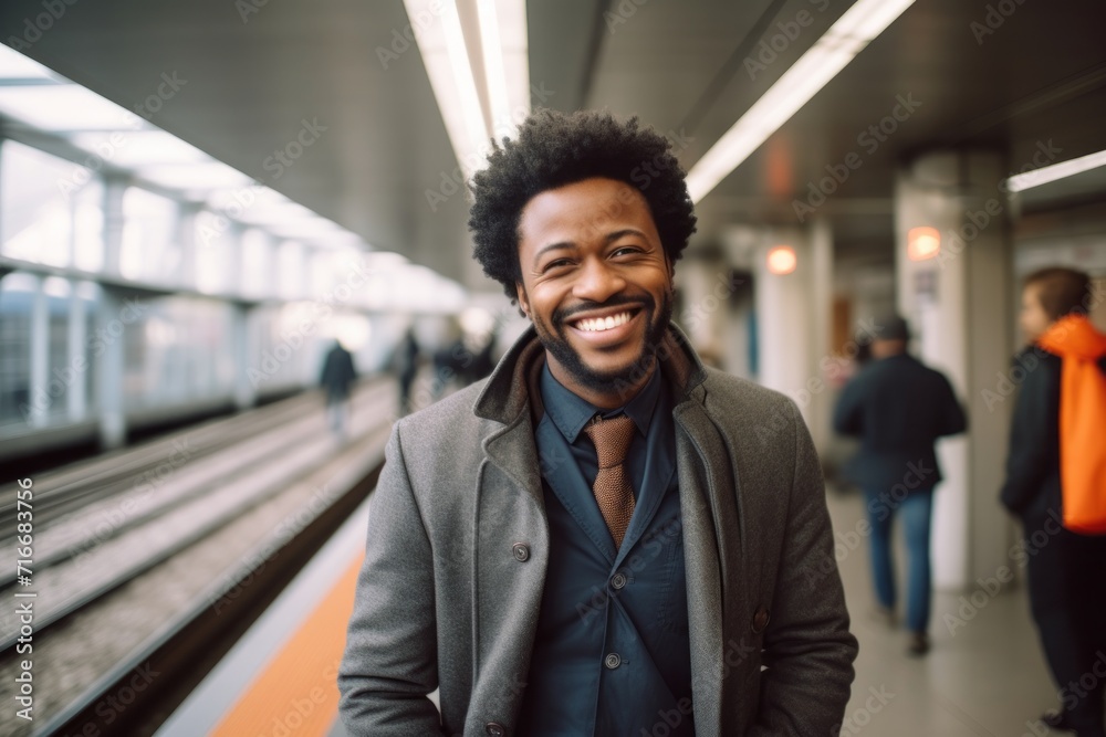 Portrait of a smiling afro-american man in his 40s dressed in a stylish blazer against a modern city train station. AI Generation Portrait of a smiling afro-american man in his 40s dressed in a stylish blazer against a modern city train station. AI Generation
