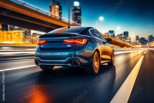 High-speed luxury car zooming through picturesque urban landscape with breathtaking scenery © Dipsky