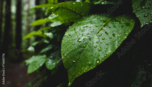 Photo of green leaves with water drops after rain in forest, dark background photo