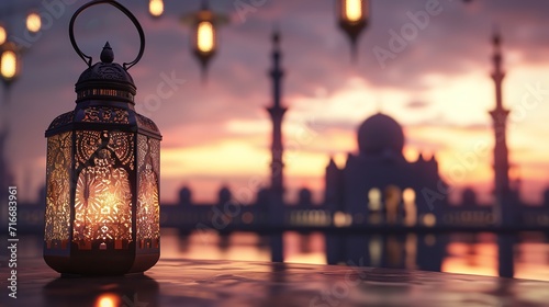 Illustration lamp of a ramadan kareem latern with mosque © Tayyab