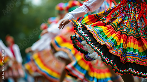 Traditional Eastern European folk dancers in colorful costumes performing at a cultural festival. photo