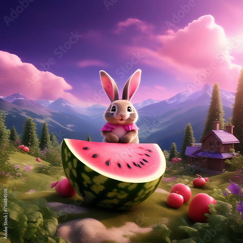 Cute pancha near the pink watermelon piece in the purple sky in the green hills of Bunny's village photo