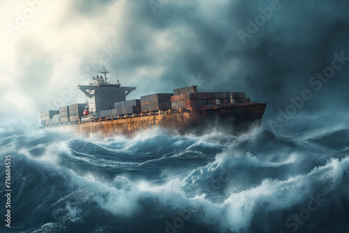 Container ship floats with ocean during severe storm with big waves a strong winds AI Generation