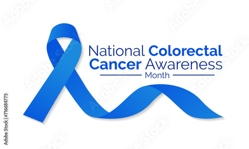 Colorectal Cancer awareness month is March. 
Banner, poster, card, background design with  blue ribbon and text. Vector illustration. photo