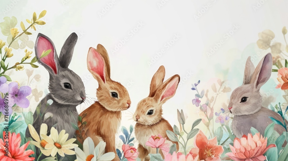 Fototapeta premium Watercolor Rabbits in Blossoming Garden Scene. A quartet of watercolor bunnies among colorful garden blossoms.
