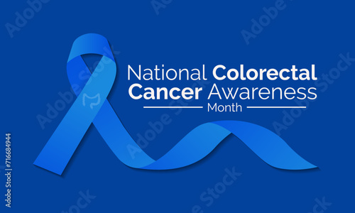 Colorectal Cancer awareness month is March. 
Banner, poster, card, background design with  blue ribbon and text. Vector illustration.