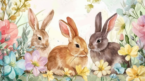 Watercolor Trio of Bunnies Amongst Spring Flowers. Three watercolor rabbits nestled in vibrant springtime blooms.