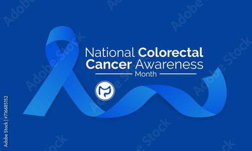 Colorectal Cancer awareness month is March. 
Banner, poster, card, background design with  blue ribbon and text. Vector illustration. photo