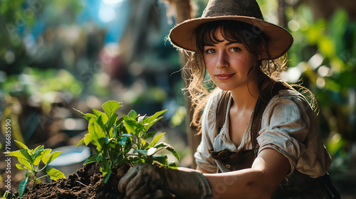 Cultivating growth: Woman Gardener growing plants on Earth Day.