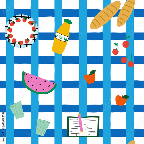 Summer picnic seamless pattern. Cartoon print. Vector hand drawn illustration.
