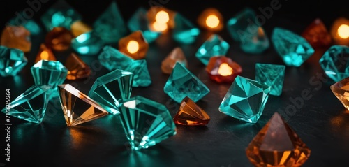  a table topped with lots of green and orange diamond like objects next to a lite - up teal candle in the middle of the middle of the table. photo