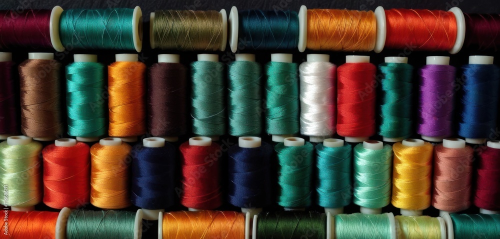 a bunch of spools of thread sitting next to each other on top of a wooden table with spools of thread on top of the spools. a bunch of spools of thread sitting next to each other on top of a wooden table with spools of thread on top of the spools.