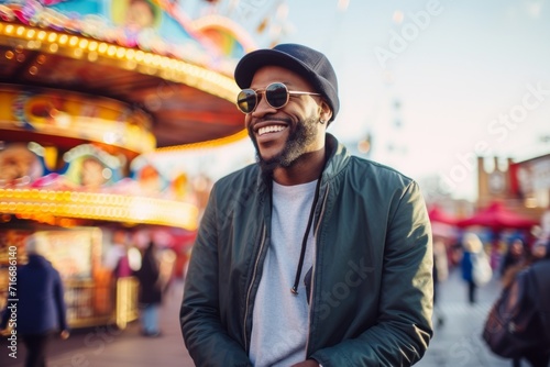 Portrait of a satisfied afro-american man in his 30s sporting a trendy beanie against a vibrant amusement park. AI Generation photo
