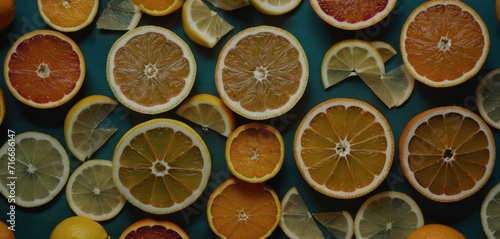  oranges, lemons, and grapefruits are arranged in a pattern on a teal tablecloth with a blue background that has been cut in half.