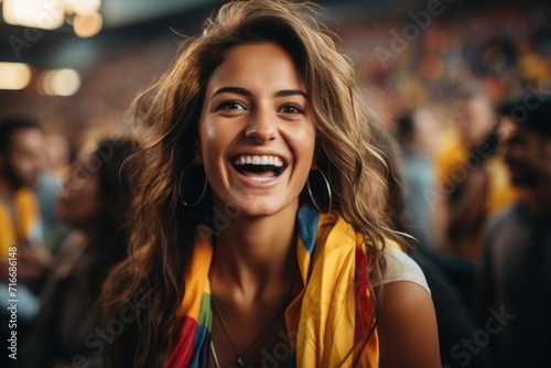 Joyful Young Woman at a Stadium Event