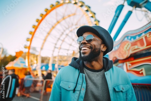 Portrait of a satisfied afro-american man in his 30s sporting a trendy beanie against a vibrant amusement park. AI Generation © CogniLens