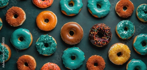  a bunch of different kinds of doughnuts with different toppings on a black surface with green, orange, and yellow sprinkles on the top of the doughnuts. photo